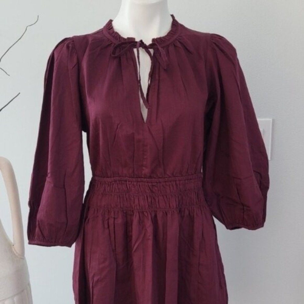 GAP Burgundy Puff Sleeve Smocked Waist Tie Neck Mini Dress Women